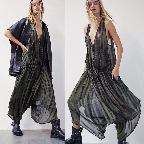 NICHOLAS K x FREE PEOPLE Size XL NWT Dahlia Tie Dye Jumpsuit Sage Green Black - Picture 2 of 16
